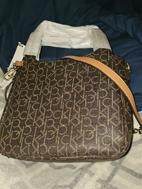 Calvin Klein Brown Logo Shoulder Bag with Tan Strap